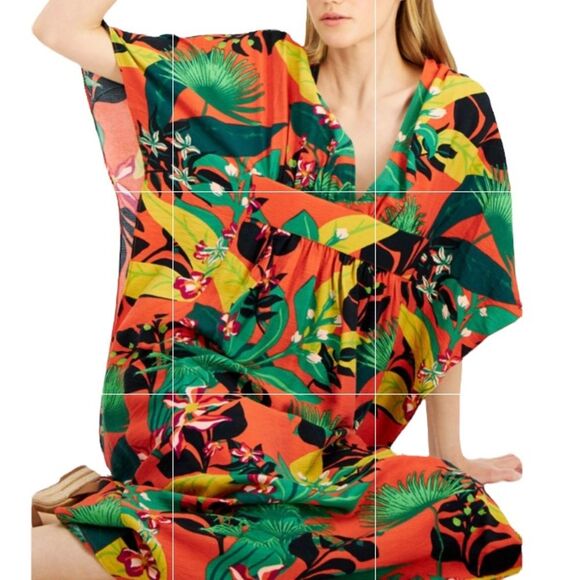 INC International Concepts Tropical Print Caftan Dress Kimono Sleeves Sz PS - Picture 3 of 12